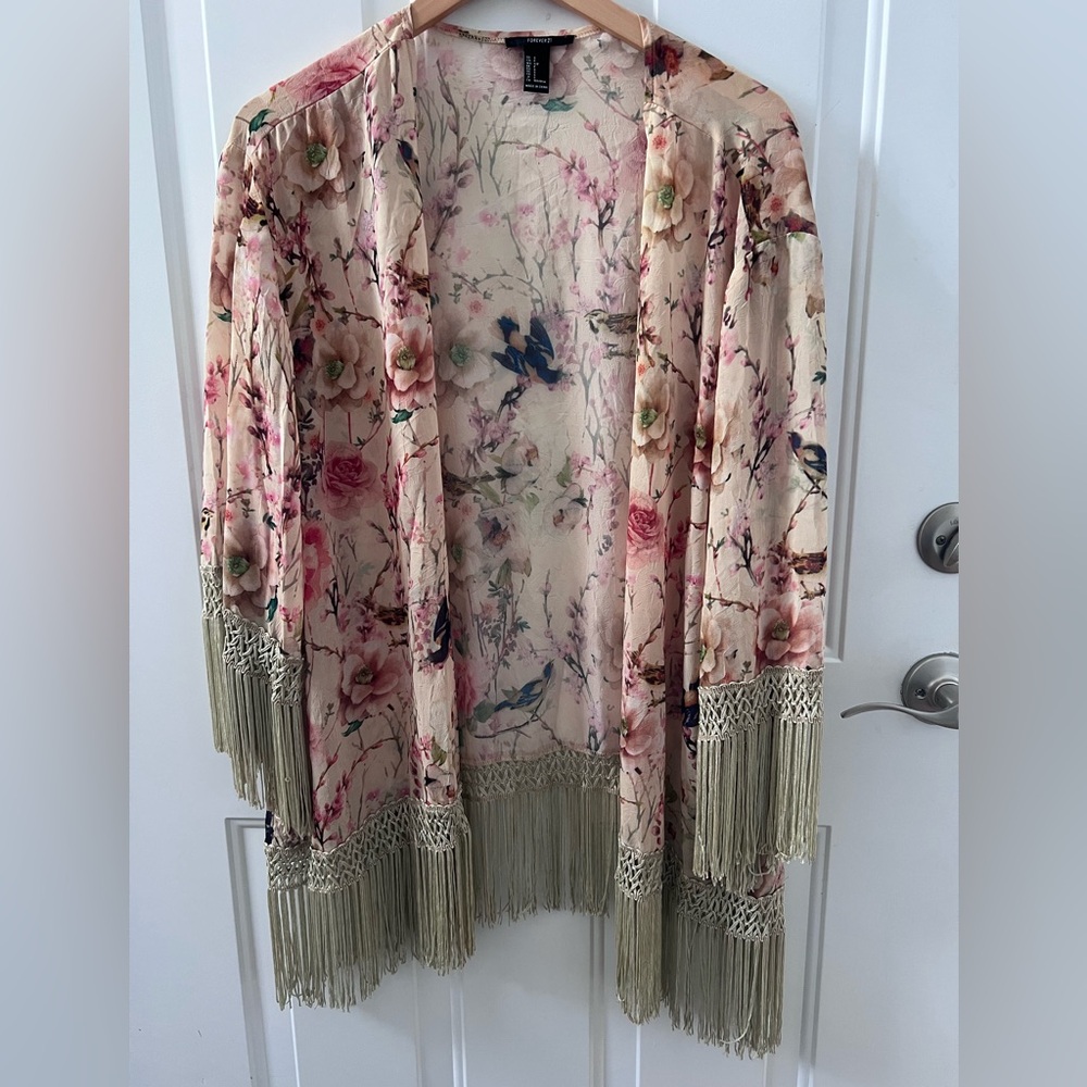 Floral Kimono with Fringe